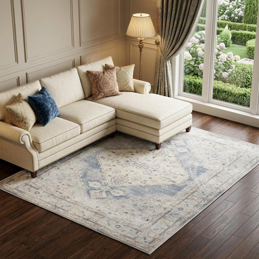 9' X 12' Light Blue Oriental Power Loom Distressed Area Rug