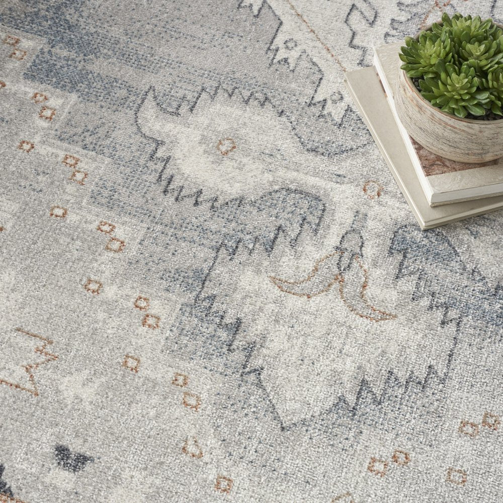 9' X 12' Light Blue Oriental Power Loom Distressed Area Rug