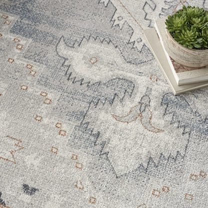 9' X 12' Light Blue Oriental Power Loom Distressed Area Rug