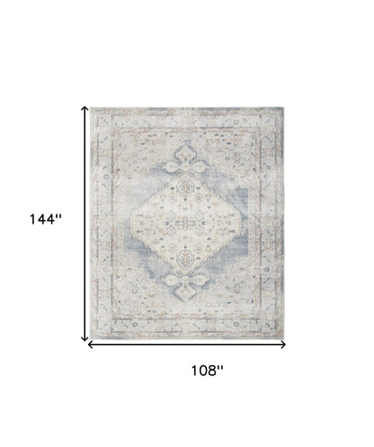 9' X 12' Light Blue Oriental Power Loom Distressed Area Rug