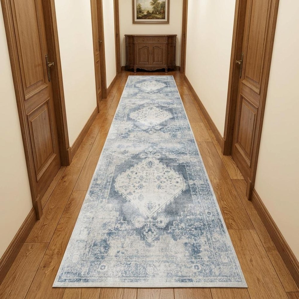 10' Blue Oriental Power Loom Distressed Washable Runner Rug