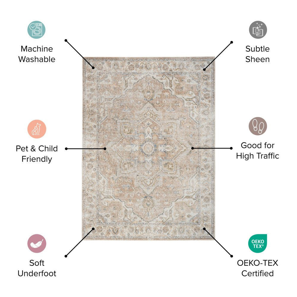 3' X 5' Blue Oriental Power Loom Distressed Washable Area Rug