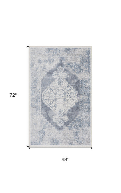 4' X 6' Blue Oriental Power Loom Distressed Washable Area Rug