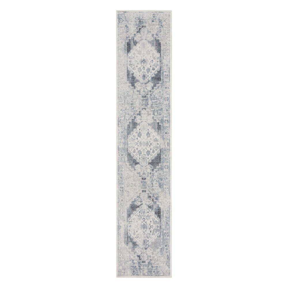 8' Blue Oriental Power Loom Distressed Washable Runner Rug