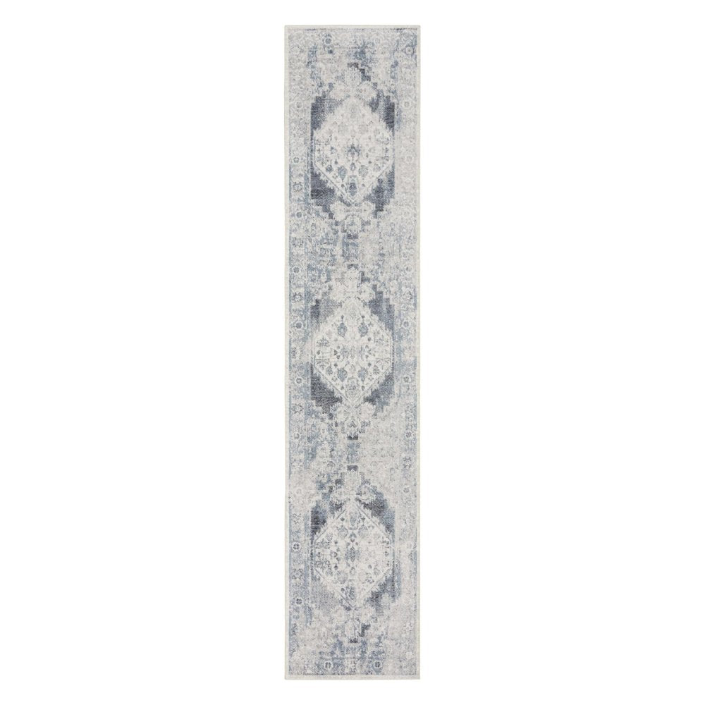 8' Blue Oriental Power Loom Distressed Washable Runner Rug