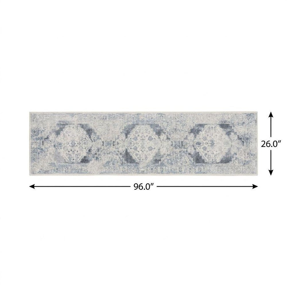 8' Blue Oriental Power Loom Distressed Washable Runner Rug