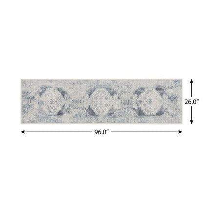 8' Blue Oriental Power Loom Distressed Washable Runner Rug