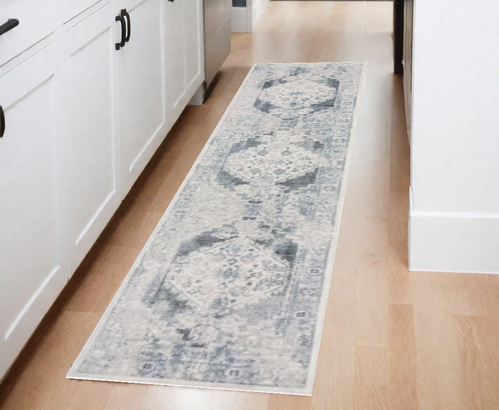 8' Blue Oriental Power Loom Distressed Washable Runner Rug