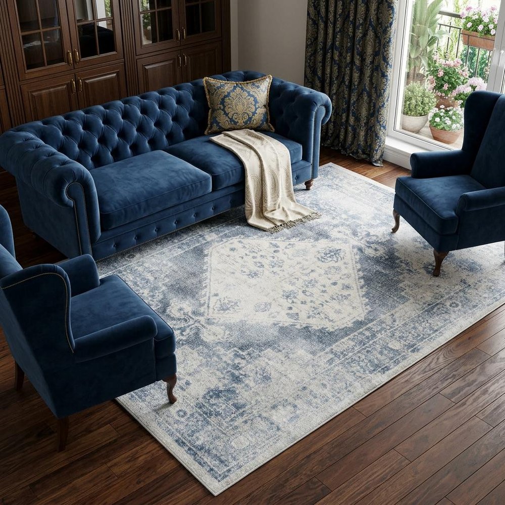 7' X 9' Blue Oriental Power Loom Distressed Washable Area Rug