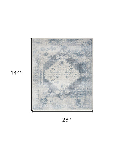 12' Blue Oriental Power Loom Distressed Washable Runner Rug