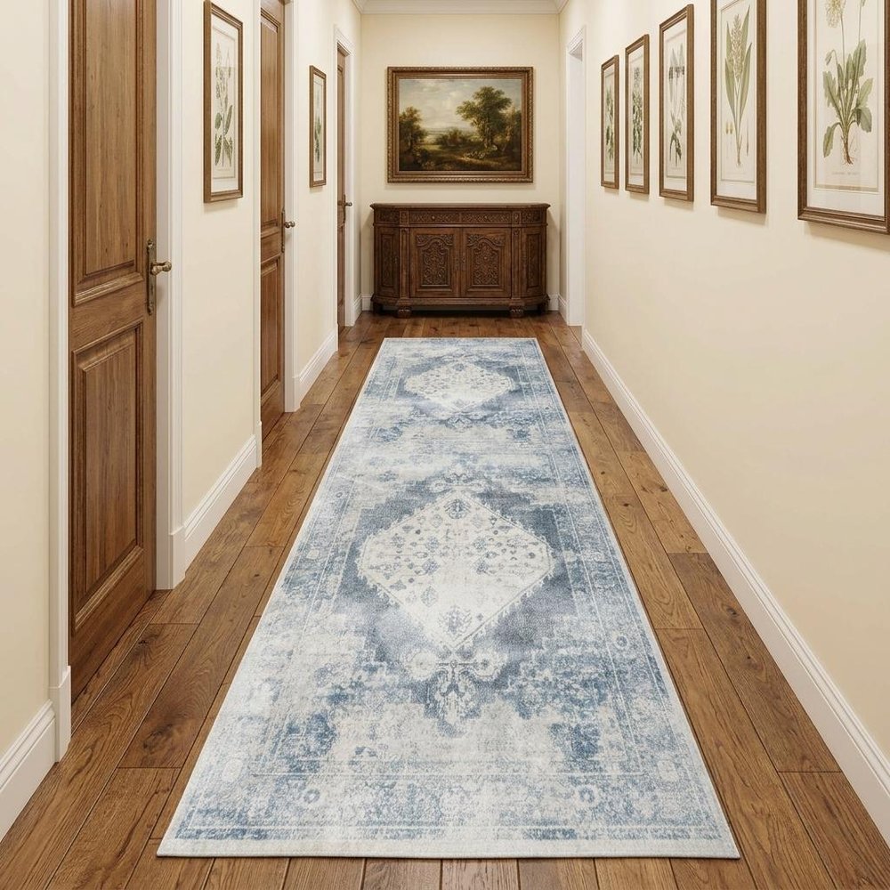 12' Blue Oriental Power Loom Distressed Washable Runner Rug