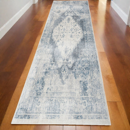 12' Blue Oriental Power Loom Distressed Washable Runner Rug