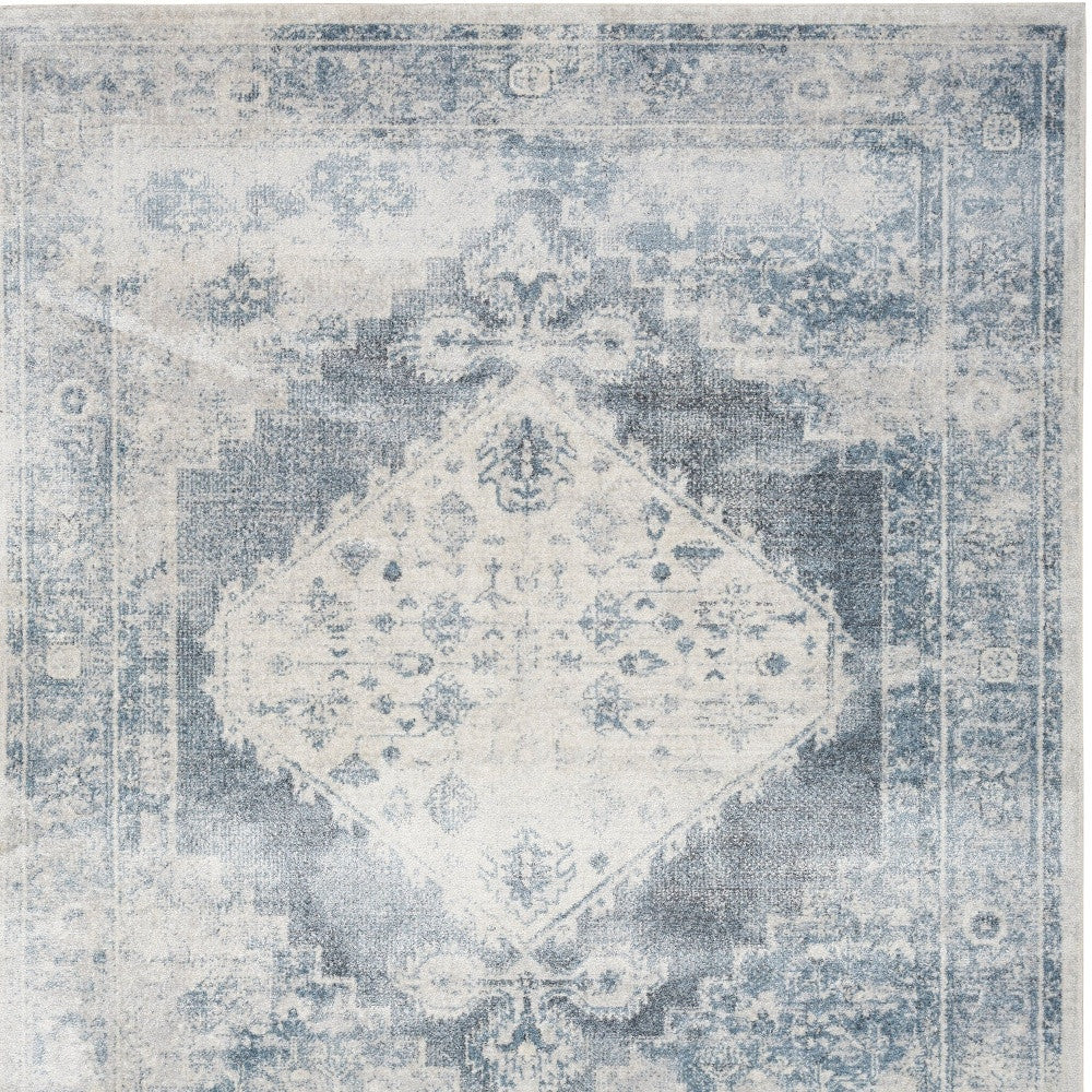 12' Blue Oriental Power Loom Distressed Washable Runner Rug