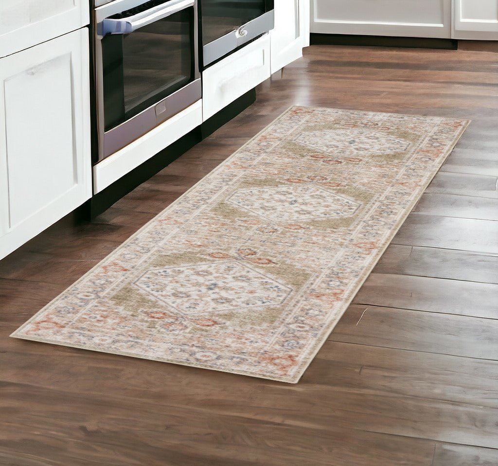 8' Sage Oriental Power Loom Distressed Washable Runner Rug