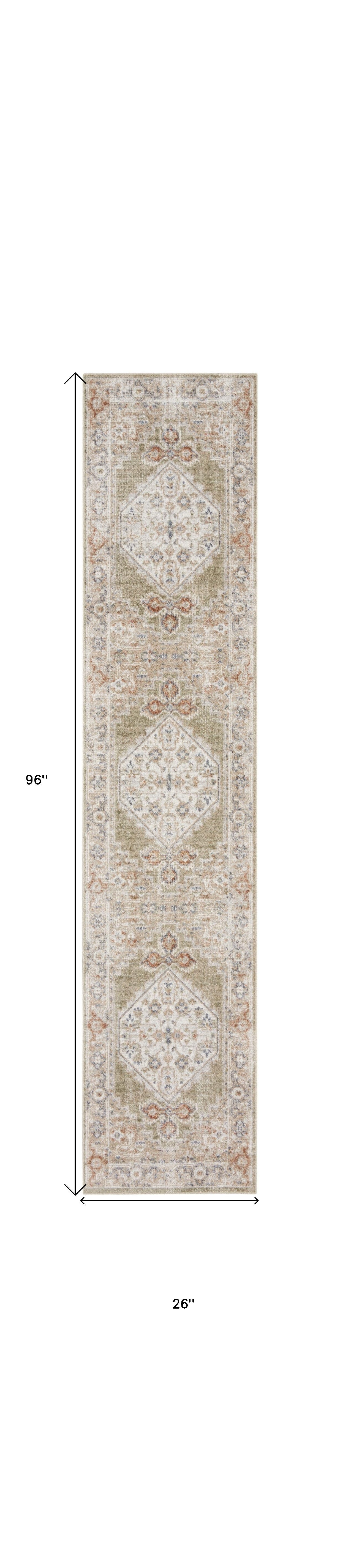 8' Sage Oriental Power Loom Distressed Washable Runner Rug