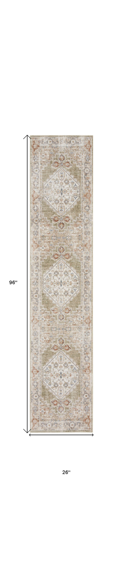 8' Sage Oriental Power Loom Distressed Washable Runner Rug