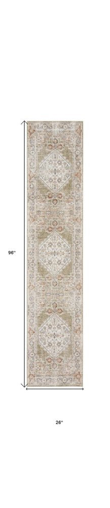 8' Sage Oriental Power Loom Distressed Washable Runner Rug