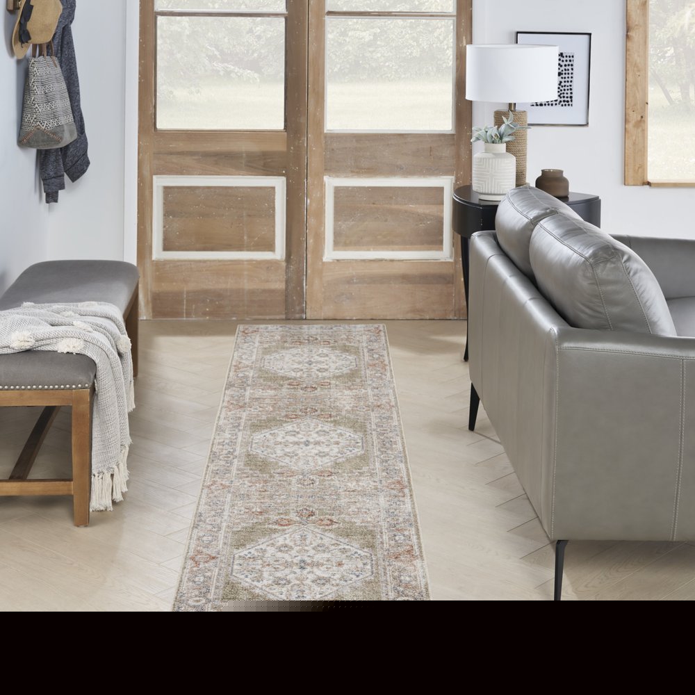 8' Sage Oriental Power Loom Distressed Washable Runner Rug