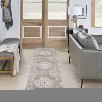8' Sage Oriental Power Loom Distressed Washable Runner Rug