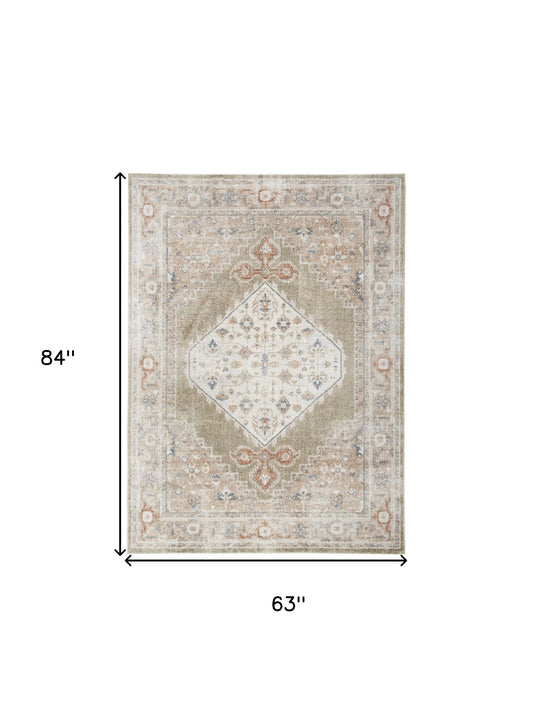 5' X 7' Sage Oriental Power Loom Distressed Washable Area Rug