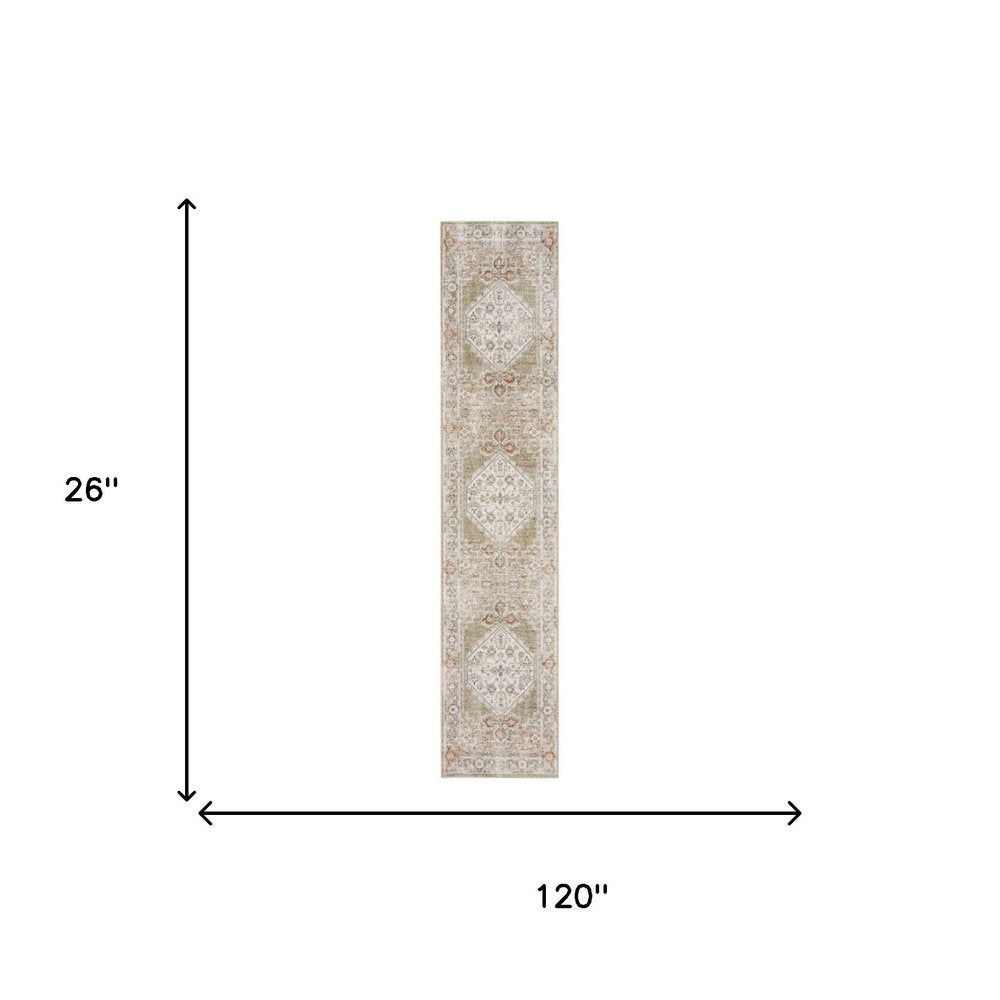 10' Sage Oriental Power Loom Distressed Washable Runner Rug