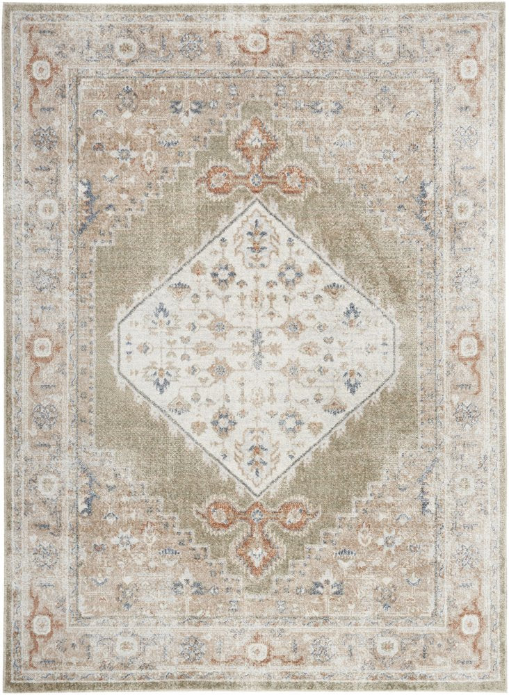 7' X 9' Sage Oriental Power Loom Distressed Washable Area Rug