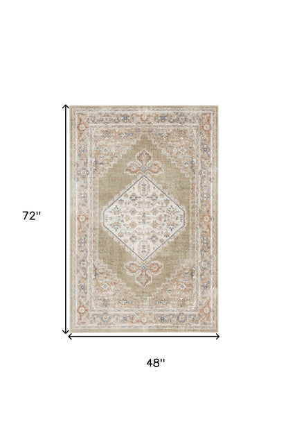 4' X 6' Sage Oriental Power Loom Distressed Washable Area Rug