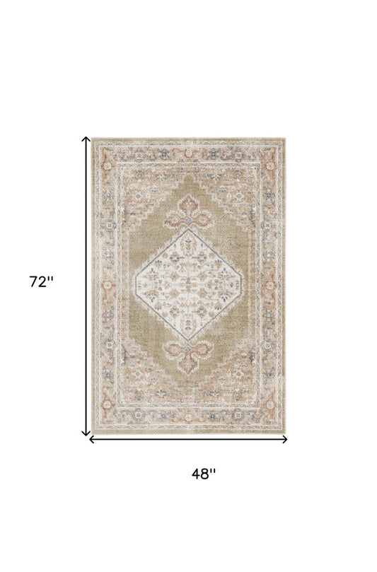 4' X 6' Sage Oriental Power Loom Distressed Washable Area Rug