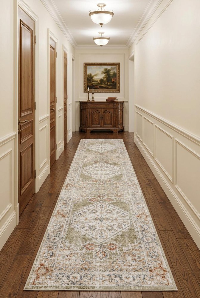 12' Sage Oriental Power Loom Distressed Washable Runner Rug