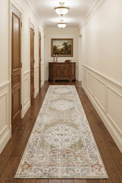 12' Sage Oriental Power Loom Distressed Washable Runner Rug