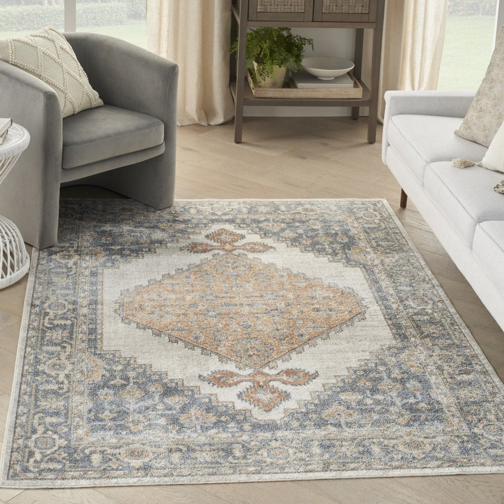 5' X 7' Gray Oriental Power Loom Distressed Washable Area Rug
