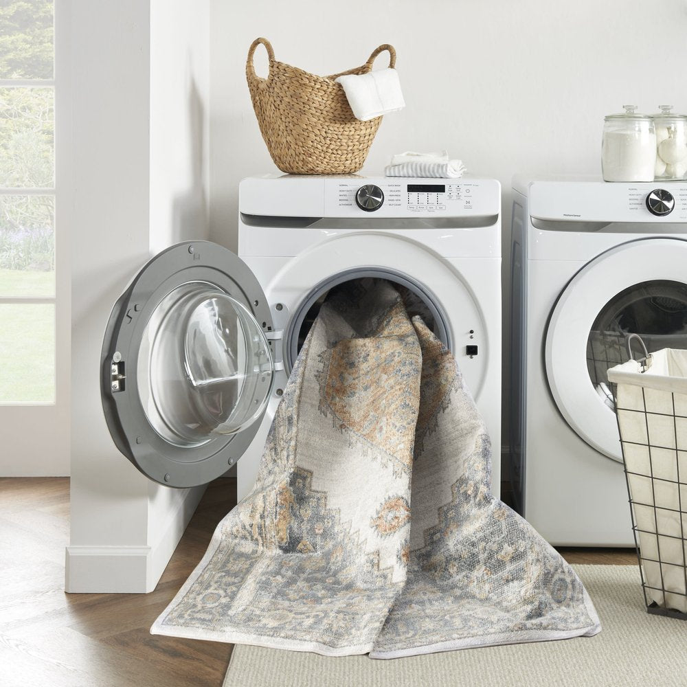 3' X 5' Gray Oriental Power Loom Distressed Washable Area Rug