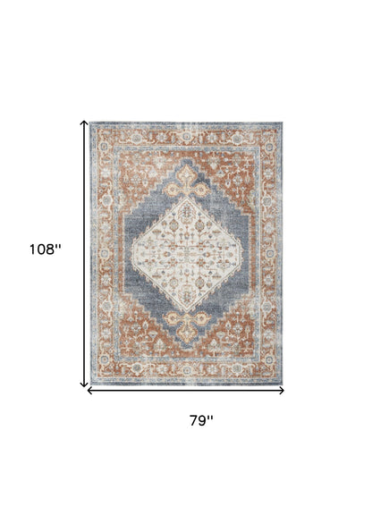 7' X 9' Denim Blue Oriental Power Loom Distressed Washable Area Rug