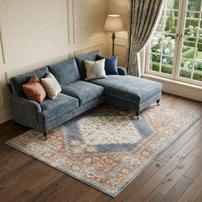 7' X 9' Denim Blue Oriental Power Loom Distressed Washable Area Rug