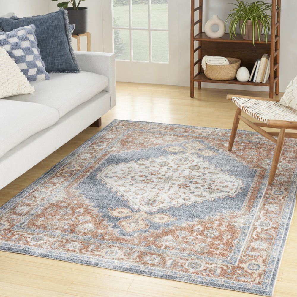 7' X 9' Denim Blue Oriental Power Loom Distressed Washable Area Rug