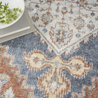 7' X 9' Denim Blue Oriental Power Loom Distressed Washable Area Rug