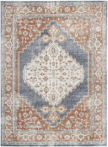 7' X 9' Denim Blue Oriental Power Loom Distressed Washable Area Rug