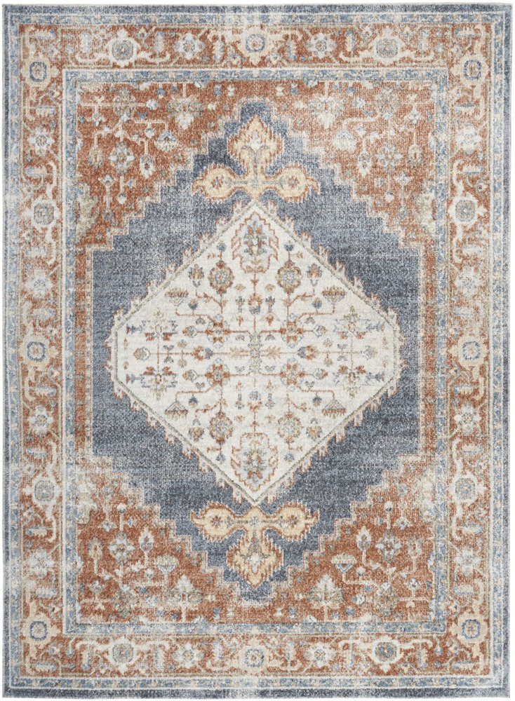 7' X 9' Denim Blue Oriental Power Loom Distressed Washable Area Rug