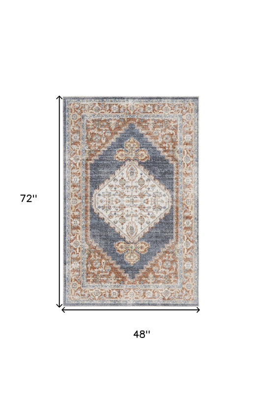 4' X 6' Denim Blue Oriental Power Loom Distressed Washable Area Rug