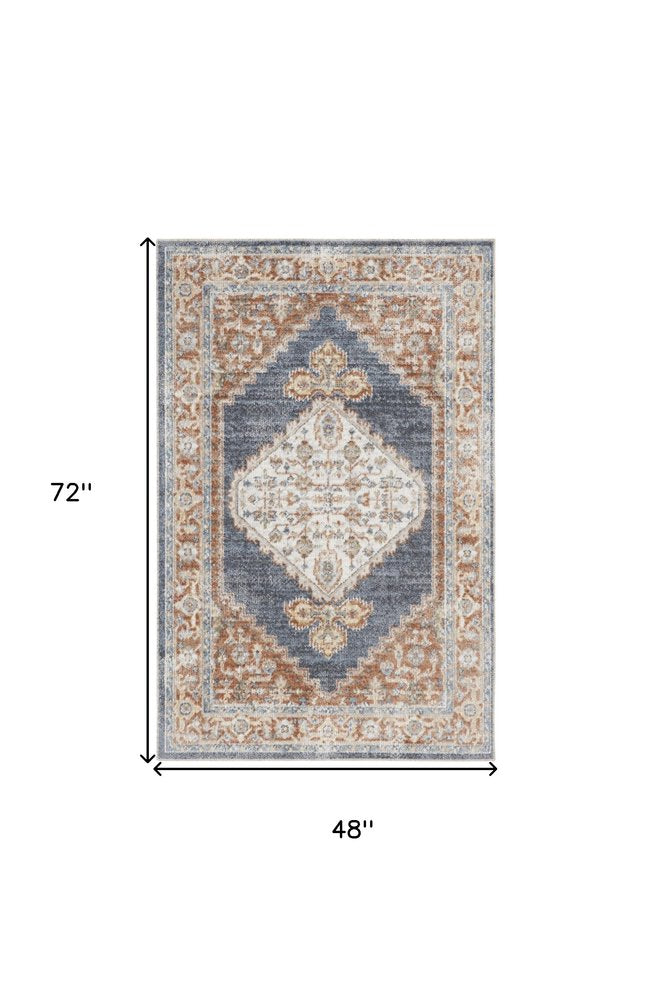 4' X 6' Denim Blue Oriental Power Loom Distressed Washable Area Rug