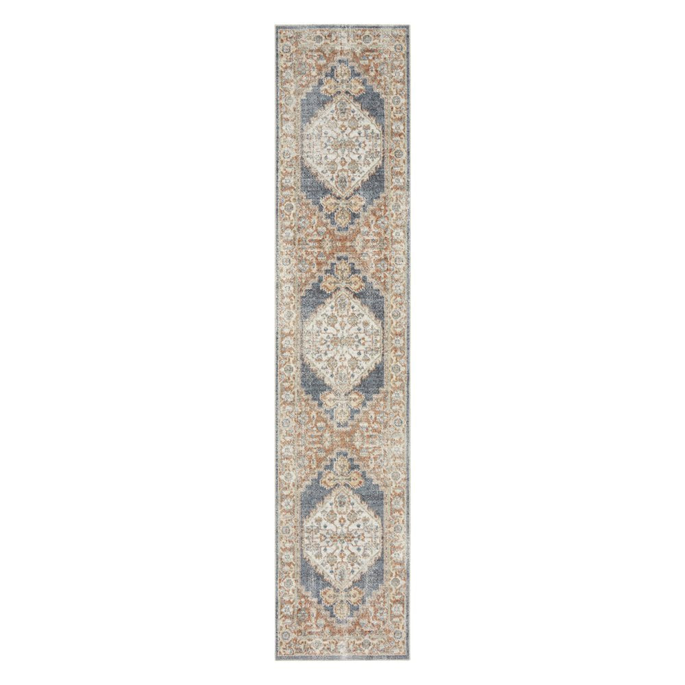 10' Denim Blue Oriental Power Loom Distressed Washable Runner Rug