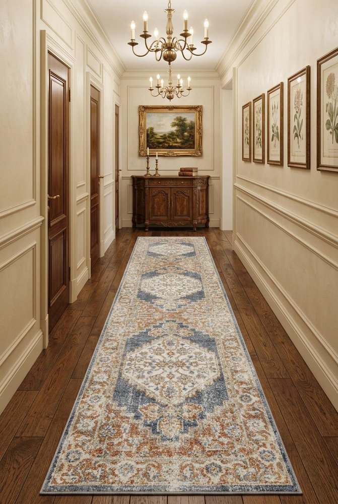 10' Denim Blue Oriental Power Loom Distressed Washable Runner Rug