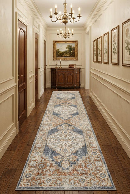 10' Denim Blue Oriental Power Loom Distressed Washable Runner Rug