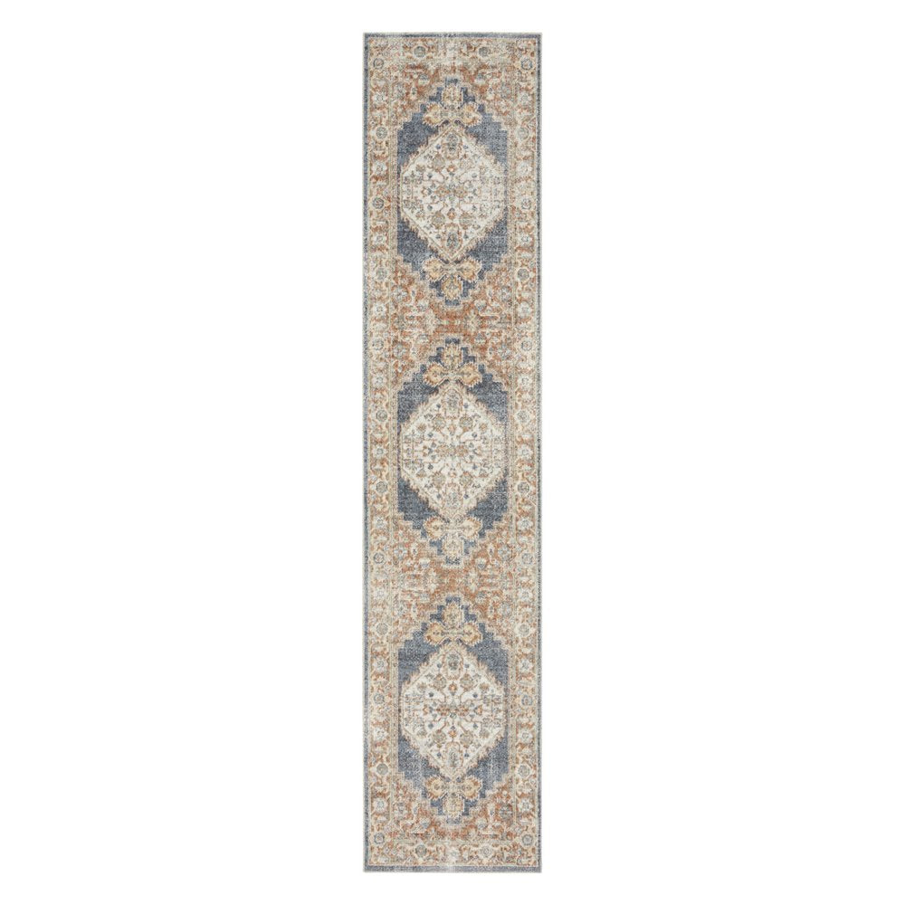 10' Denim Blue Oriental Power Loom Distressed Washable Runner Rug