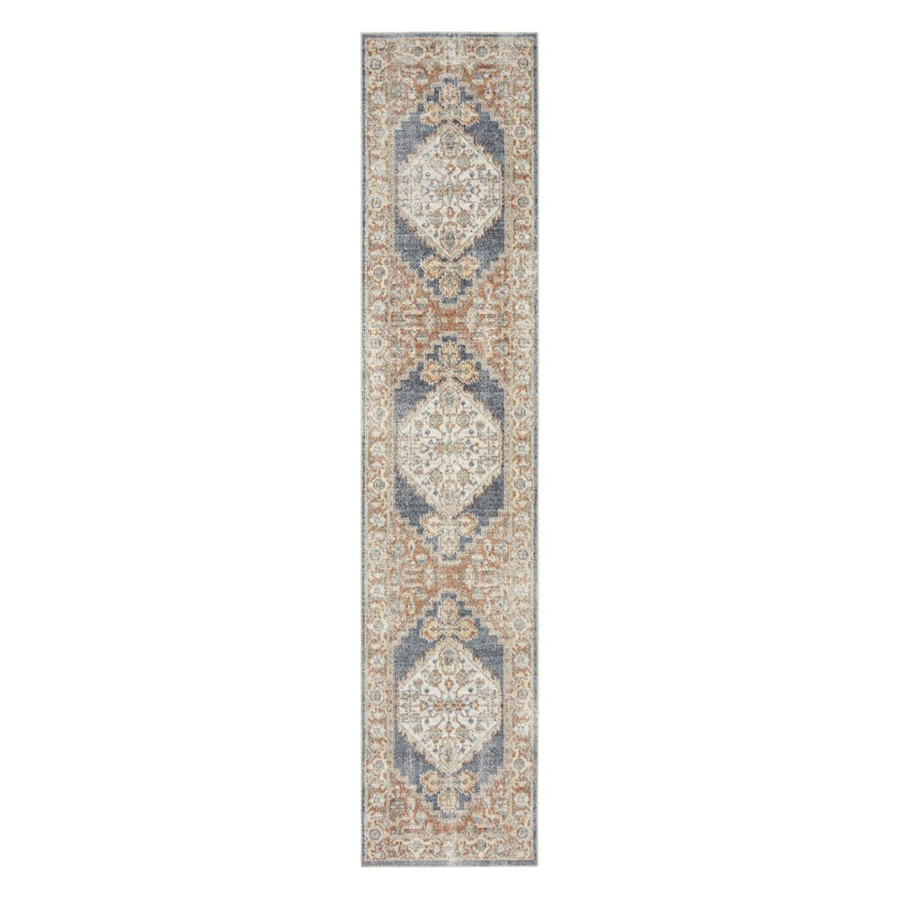 8' Denim Blue Oriental Power Loom Distressed Washable Runner Rug