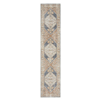 8' Denim Blue Oriental Power Loom Distressed Washable Runner Rug
