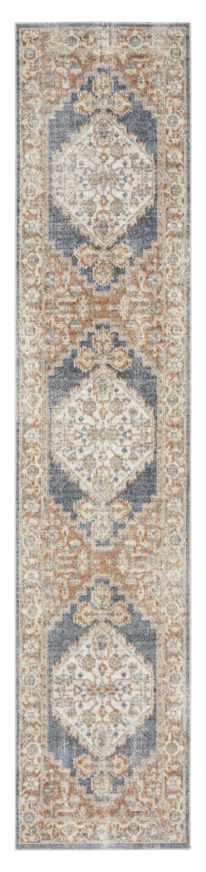 8' Denim Blue Oriental Power Loom Distressed Washable Runner Rug