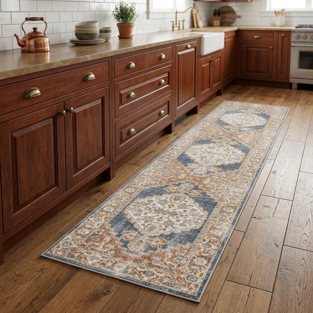 8' Denim Blue Oriental Power Loom Distressed Washable Runner Rug
