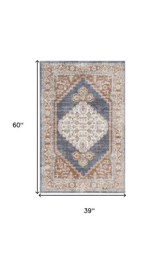 3' X 5' Denim Blue Oriental Power Loom Distressed Washable Area Rug