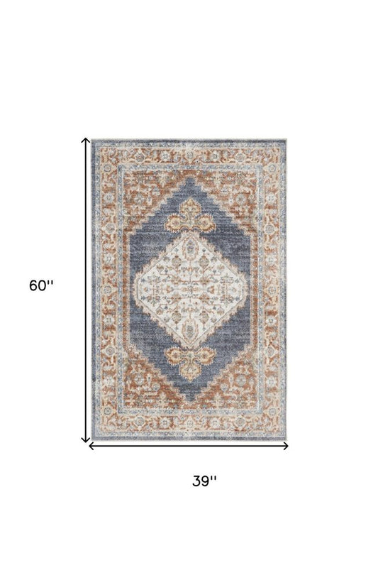 3' X 5' Denim Blue Oriental Power Loom Distressed Washable Area Rug